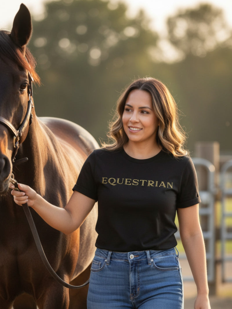 Woman wearing an 'Equestrian' t-shirt standing next to a horse in a field.