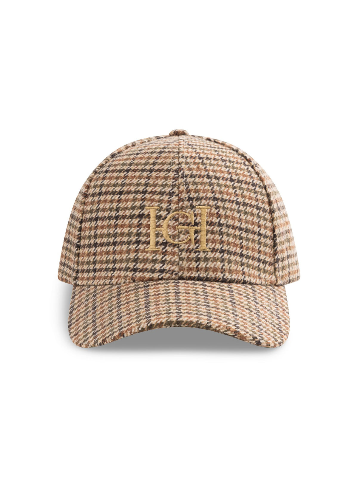 Houndstooth patterned cap with a logo on a white background