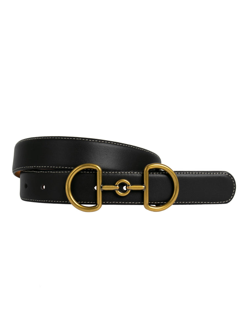 This is a picture of a black horse riding belt with horsebit buckle